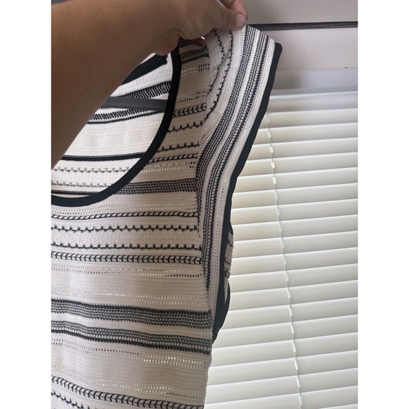 WHITE HOUSE BLACK MARKET ECRU WHITE BLACK FLUTTER SLEEVE POINTELLE STRIPE TOP S - Picture 8 of 8